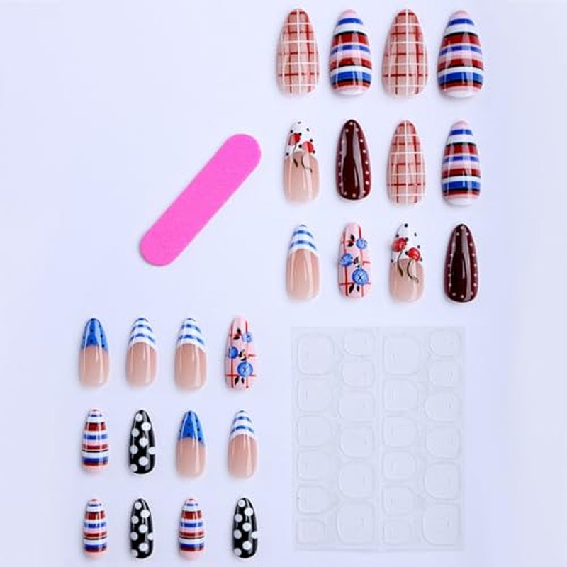 3D Cherry Blueberry Press On Nails - Medium Almond, 24 Pcs