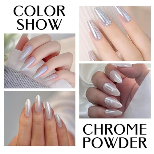 BISHENGYF Pearl Chrome Nail Powder:【Super Mirror Effect】White Pearl Chrome Nail Powder Ice Transparent Aurora Chrome Nail Powder for Nails Art DIY