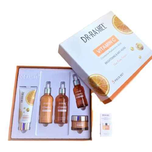 Dr Rashel Vitamin C Skin Care Series , Contains Hyaluronic Acid, Anti Aging and Collagen Essence ( Pack Of 5 Piece Set ) + 1 Pcs of Vitamin C Silk Mask