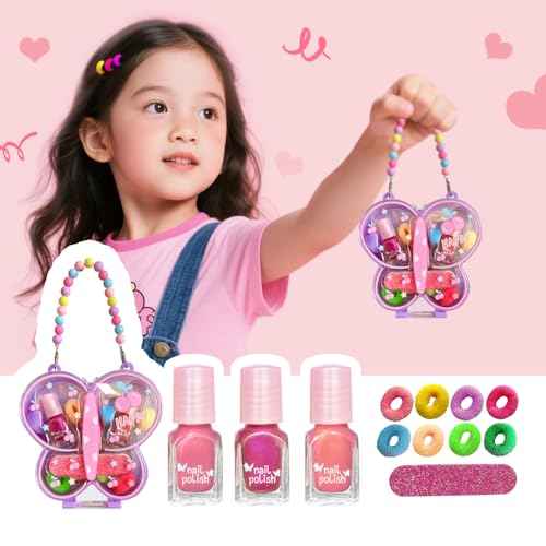 M&U MAKE YOU UP Butterfly Jewelry Case Nail & Hair Set - 3 Quick-Dry Polishes + 5 Fuzzy Elastics | Portable Beaded Clutch for Teens, FashionGift with Floral Charm Party Favors