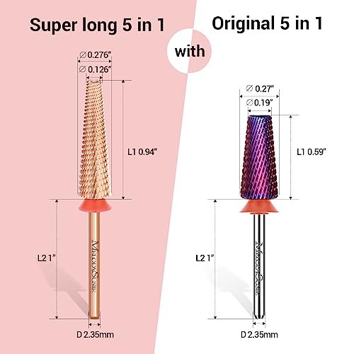 MelodySusie Super Long 5 in 1 Nail Drill Bits with 60 Pcs Replacement Sandpaper Discs