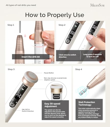 MelodySusie White Cordless Pen-Shaped Nail Drill 30,000RPM SM220G for Nail Artists