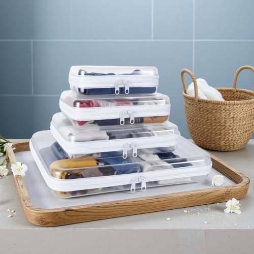 12 Pack Clear Hard Shell Zipper Case (8 Small & 4 Medium), Hard Plastic Makeup Cases Pencil Case Pouches for Travel (4M+8S)
