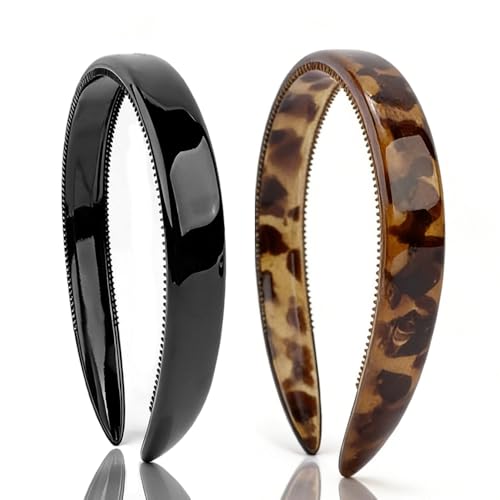 AHONEY 2-Pack Tortoise Shell Headbands with Teeth - Black & Brown, No-Slip Hair Accessories for Women