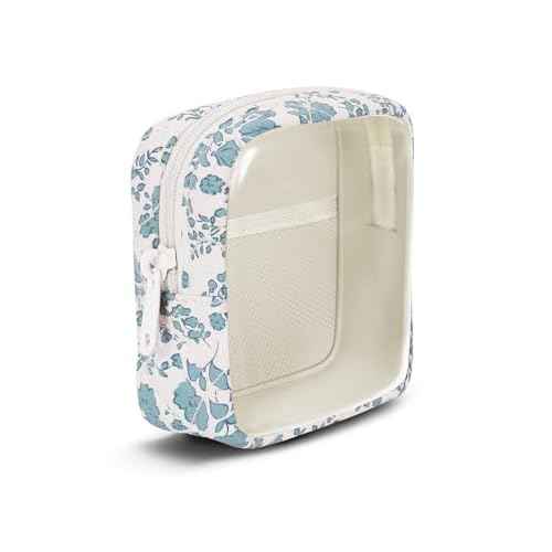 Wandering Nature Clear Makeup Bag for Purse Mini Make up Bag Cute Cosmetic Pouch for Women with Slip-in Pockets Travel Toiletry Essentials Organizer Pouch,Blue Flower