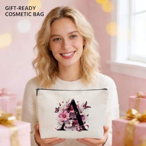 Pink Flower Initial A Makeup Bag - Travel Cosmetic Organizer for Women & Gifts