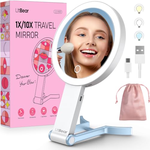 LitBear Travel Makeup Mirror with Lights - White Blue, Dimmable 10X/1X Magnifying Portable Mirror