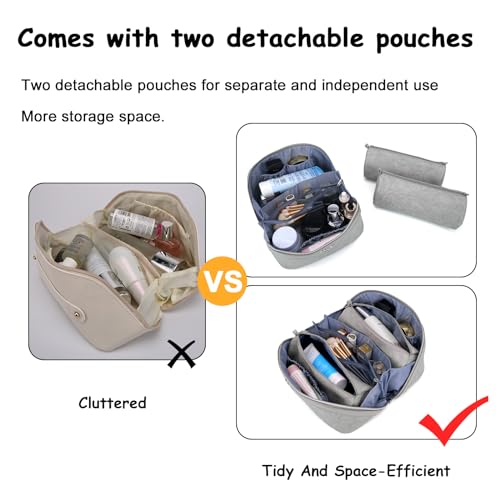 BOYATU Travel Makeup Bags Cosmetic Organizer Bag: 3-Set Large Capacity Make up Bag - PU Leather Toiletry Bag for Women - Wide Open Portable Pouch with Divider & Handle