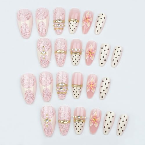 Medium Almond Press On Nails 24pc 3D Flower Fake Nails Kit
