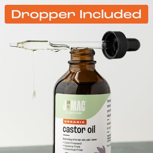 J MAC BOTANICALS Organic Castor Oil, 100% Pure (4oz Glass Bottle with Dropper) - for Eyelashes, Eyebrows, Hair & Skin