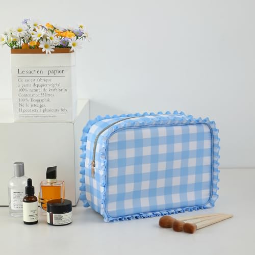 Gingham Ruffle Makeup Bag Large Travel Cosmetic Organizer