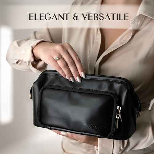 TREND-X Makeup Bag with Brush Compartment, Large Capacity Cosmetic Case, PU Leather Toiletry Bag, Open Flat Cosmetic Storage, Beauty Organizer for Women