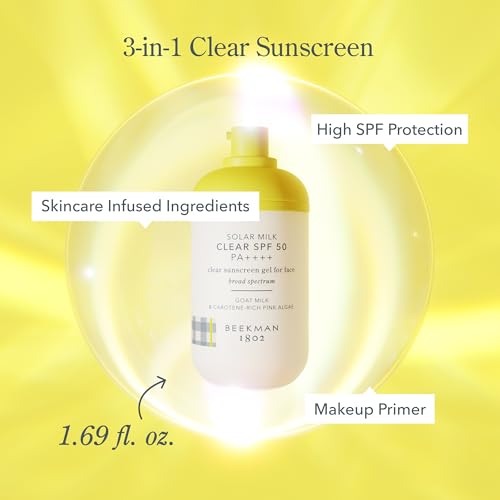 Beekman 1802 Solar Milk 3-in-1 Weightless Clear SPF 50 Face Sunscreen - 1.69 fl oz - Broad Spectrum UVA UVB Protection + Makeup Primer, Non-Greasy Gel, Goat Milk Infused, For All Skin Types & Tones