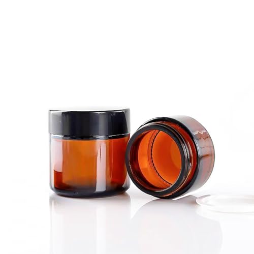 BEGIKET Amber Glass Jars with Black Lids - 2oz Cosmetic Containers, 4 Pack, Sunproof, Leakproof, Reusable
