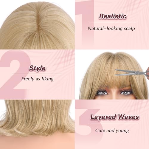 Haloo 14-Inch Blonde Bob Wig with Bangs - Wavy Layered Synthetic Hair