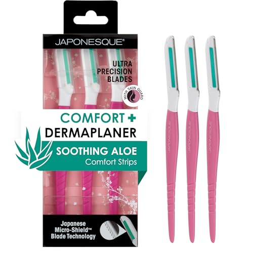 JAPONESQUE Dermaplaner for Facial Hair Removal & Exfoliation with Aloe Comfort Strip - 3 Pack