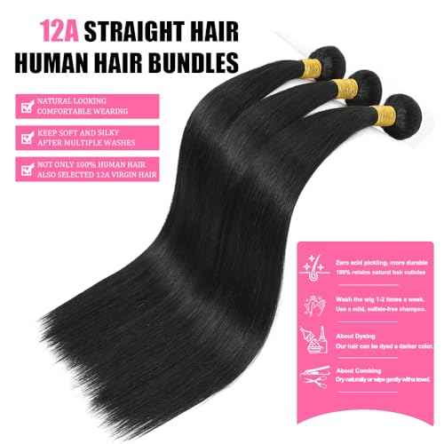 YAREESONG Straight Human Hair Bundles 12A Brazilian Human Hair 1 Bundles 100% Unprocessed Virgin Human Hair Weave Human Hair Extensions Natural Black Color 24 Inch