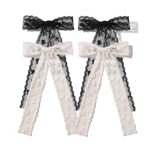 4Pcs Large lace Hair Clips for Women Girls,Lace Tassel Bows Metal Clips with Long Tail Ribbons,Cute Hair Bows Barrette for Hair Accessories(Black,White)