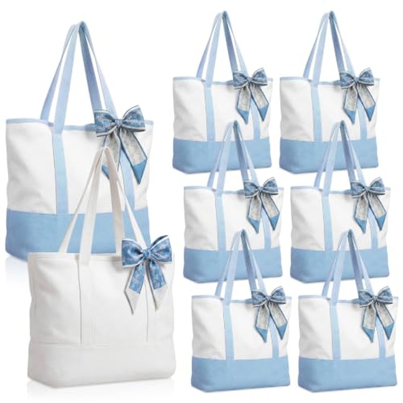 8 Pack Large Canvas Tote Bags with Zipper - Blue & White