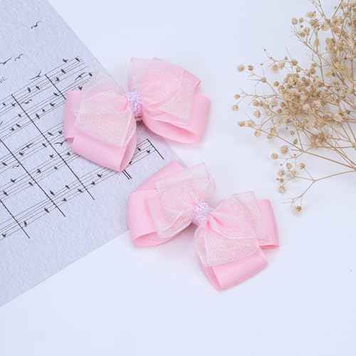 Glitter 4.5-Inch Hair Bows Organza Alligator Clips, Sequin Delicate Double Silver Thread Woven Mesh Hair Accessories for Girls, Toddler, Kids and Women Birthday Wedding - Set of 2 (Light Pink)