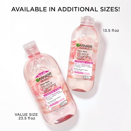 Garnier Micellar Water with Rose Water and Glycerin, Hydrating Facial Cleanser & Makeup Remover, For All Skin Types, Vegan, Cruelty Free, 13.5 Fl Oz (400mL), 2 Count