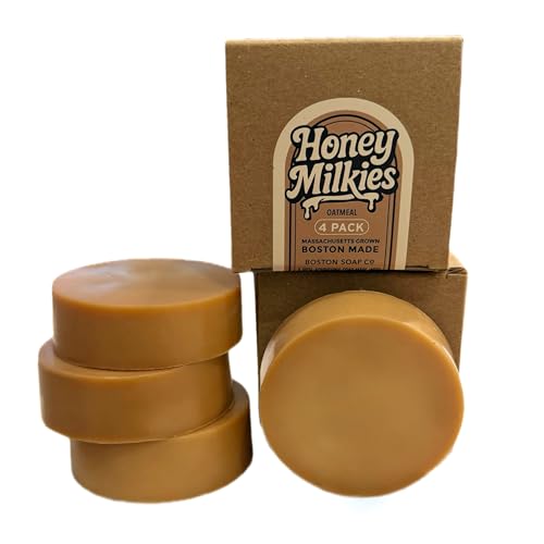 Goat Milk Soap with Tallow ? Honey Milkies Oatmeal 4-Pack (3.3oz Bars) ? Cold Process, Handmade in Boston ? Natural Face & Body Soap with Grass Fed Tallow, Lard, Raw Honey & Goat Milk (Oatmeal)