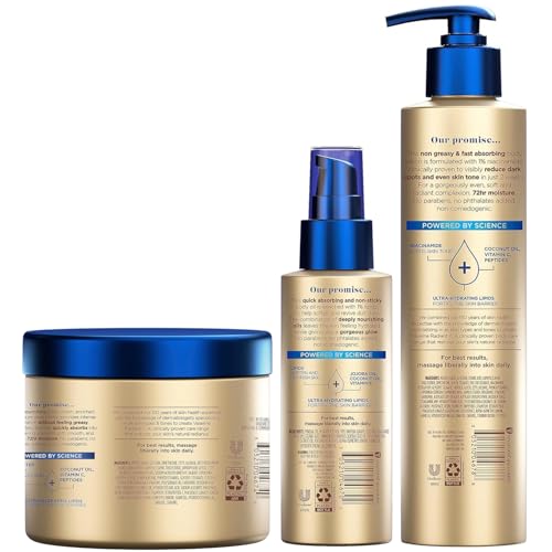 Vaseline Radiant X Skin Care Set ?Even Tone Nourishing Body Lotion with 1% Niacinamide, Deep Nourishment Body Cream with Vitamin C + Hydrating Body Oil with Vitamin E (3 Piece Set)
