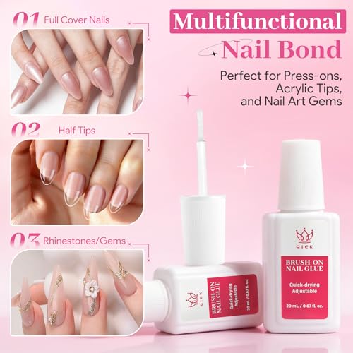 Brush On Nail Glue for Press Ons 20ml – QIEK, No UV Quick-Dry, Clear, Brush Applicator