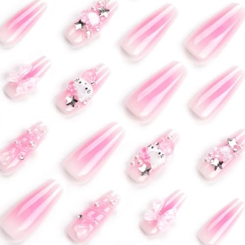 Nail Apparel Y2K Long Coffin Cute Kawaii Press on Nails 3D Glitter Rhinestone Heart Pearl Bow Long Ballet Trapezoid Fake Nails 24Pcs (Extra Long Point Cherry Red White French Pink Heart 3D Bow Pearl)