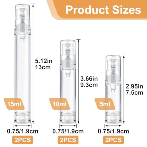 6pcs Airless Pump Bottles Travel Set 5ml 10ml 15ml