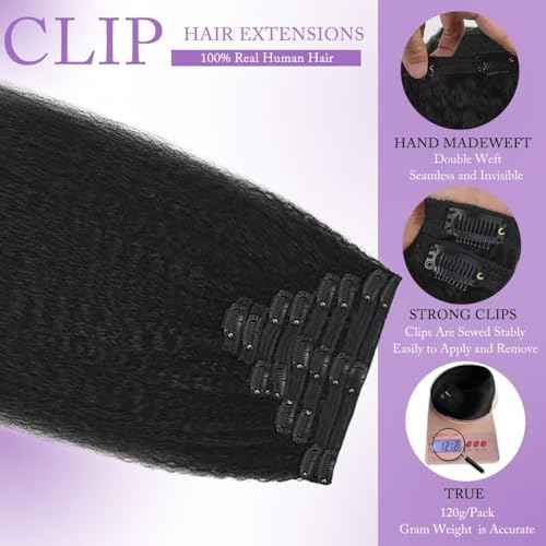 Kinky Straight Clip in Hair Extensions Real Human Hair 26Inch 8Pcs 120g Double Weft Kinky Curly Clip Ins Full Head 100% Unprocessed Brazilian Virgin Hair Extensions for Women Natural Black