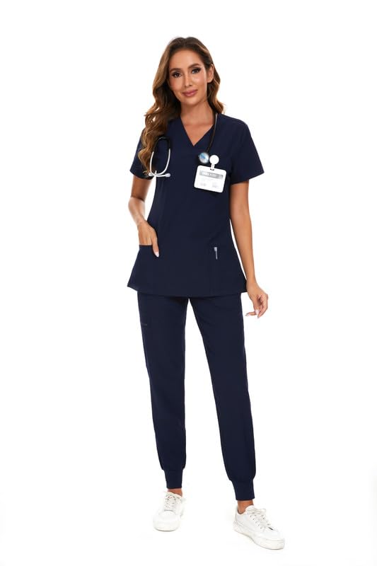 COZYFIT Scrubs for Women Set - Stretch V-Neck Scrub Top & Jogger Pant with 8 Pockets, Yoga Waistband, Anti Wrinkle, Slim Fit Women Scrubs - Navy Blue, XS