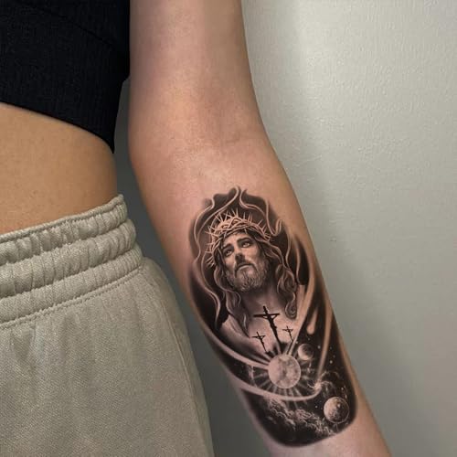 2 Sheets Realistic Animal Temporary Tattoos Stickers Jesus God Cross Space Planet Designs For Men Waterproof Arm Leg Fake Body Art, Gym & Parties Bold Masculine Decals