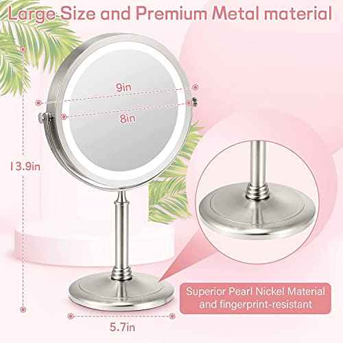VESAUR 8¡± Rechargeable Lighted Makeup Mirror, 1X/10X Magnifying Vanity Mirror with 3 Colors 50 Dimmable LED Lights