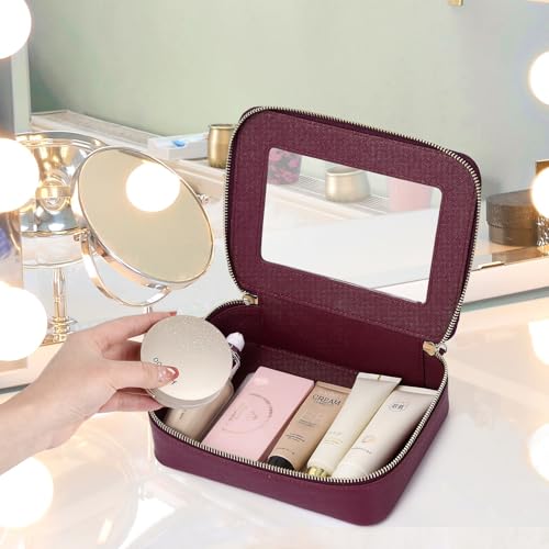 Clear Makeup Bag Set Travel Cosmetic Bag and Toiletry Bag Women's Purse Pouch Cosmetic Stroage Organizer Case with Zipper Car Essentials (Burgundy, M+Mini)