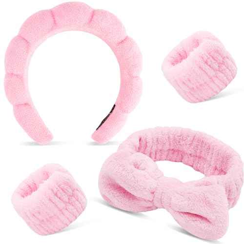 Chanaco Hairband, 2 Pcs Spa Headbands and 2 Pcs Wrist Bands for Women, Pink Microfiber Face Wash Headband with Bow Tie, Skincare Headband, Wide Occasion, Teen Girl Gifts, Trendy Stuff