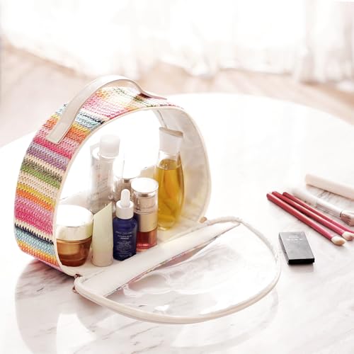 Large Clear Cosmetic Bag with Handle for Women, Zipper Close Makeup Bag, Straw Travel Bag - Rainbow Color Toiletry Bag