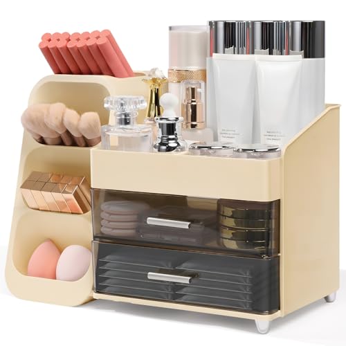 Large Makeup Organizer with Brush Holder & 2 Drawers - Cream