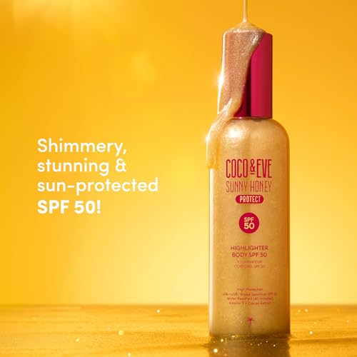Coco & Eve Body Highlighter SPF 50 ? Shimmer Sunscreen, Broad Spectrum Sun Protection, Lightweight Serum-Like Lotion with Pearlescent Minerals & Vitamin E for Hydrated & Glowing Skin, 5.07 Fl Oz