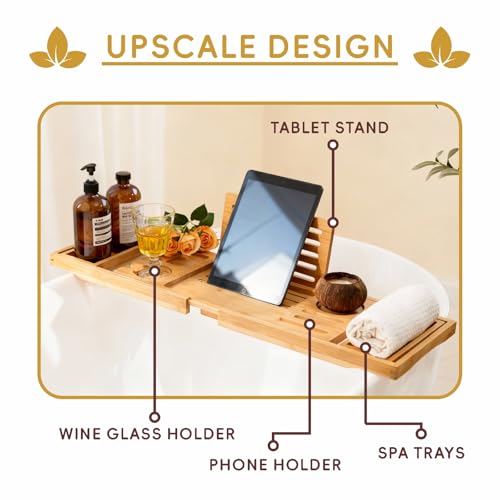 Premium Foldable Bamboo Bathtub Tray Caddy, Expandable Bath Caddy Tray with Holder, Natural Bath Shelf Over Tub, Spa Bathroom Accessories & Gifts for Home