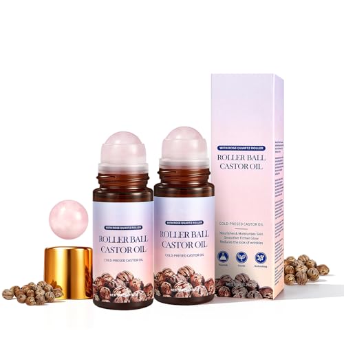 NIZENTA 2PCS Cold-Pressed Castor Oil Roll-On with Rose Quartz Roller - Moisturizing Face & Body, 1.7 Fl Oz Each