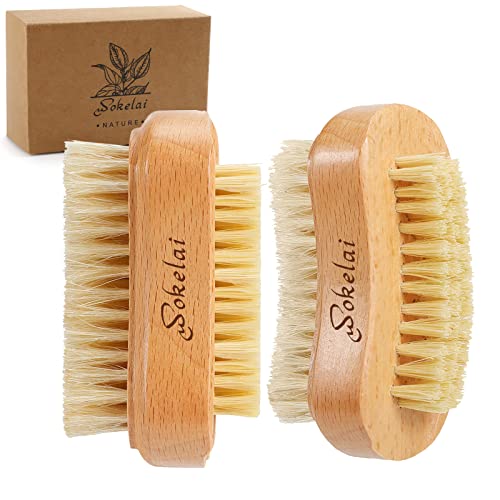 Wooden Nail Brush Set - 2 Natural Bristle Scrub Brushes for Manicure & Pedicure
