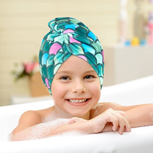 WAWSAM 2 Pack Kids Hair Drying Towels Girls Unicorn Wet Hair Towel Quick Dry Twisty Hair Towels (Green + Purple Mermaid)