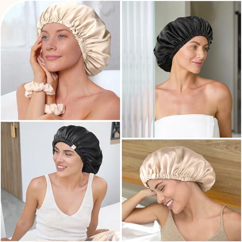 YANIBEST 22 Momme 100% Mulberry Silk Sleep Cap Silk Bonnet for Women - Sleeping Cap Hair Bonnet & Scrunchie Champagne