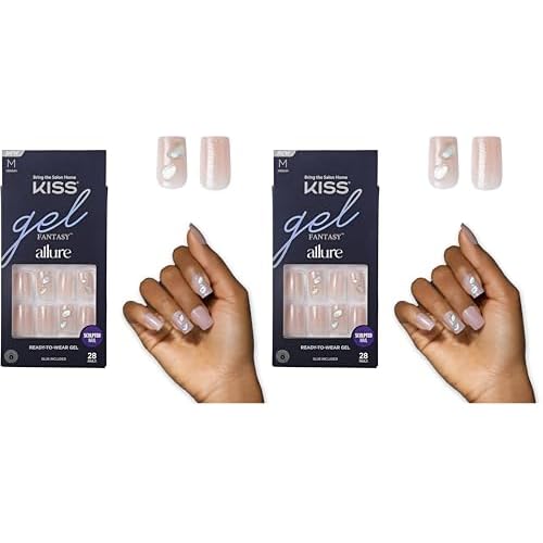 KISS Gel Fantasy Allure Ready-To-Wear Fake Nails ? Medium, Square - Transformation, Salon Quality, Smudge Proof, Waterproof, Durable, Wearable, Flexible, Chip Proof, Gorgeous & Shiny | 28 Count