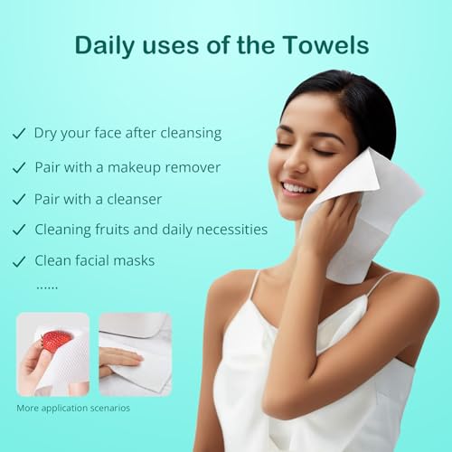 Disposable Face Towels Cotton Fiber 10¡¯¡¯ x 12¡¯¡¯ Ultra Soft Skin Friendly Super Absorbent Towelettes Facial Tissue Face Wipes for Effective Cleansing, Makeup Remover, 50 Count 1 Pack