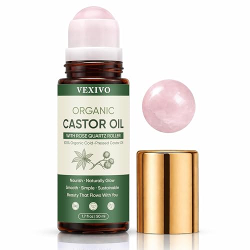 Thicair Organic Castor Oil Rose Quartz Roller Ball for Eyebrows, Face & Neck - 1.7 Fl Oz - Unscented, Hexane-Free, Brightening & Nourishing - Variation 1