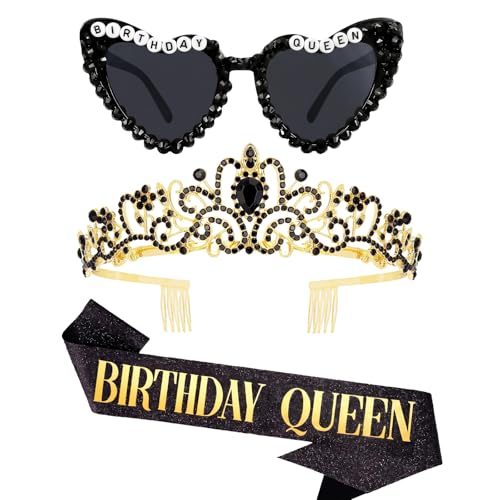 Black Birthday Queen Tiara & Sash Set for Women & Girls - Party Accessories