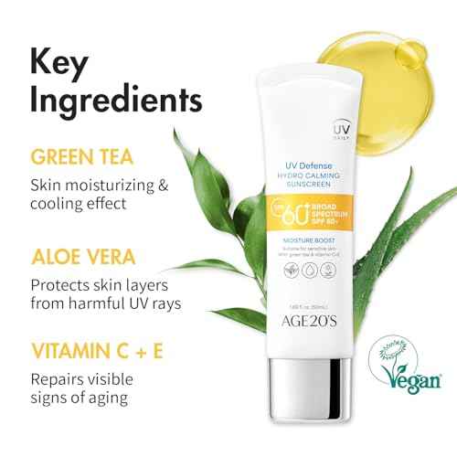 AGE20'S UV Defense Hydro Calming Sunscreen SPF 60+ | Korean Sunscreen | Moisturizing Creamy Formula, No White Cast, Lightweight Finish | Green Tea + Aloe Vera | Dermatest Excellent | 1.69 fl.oz*2