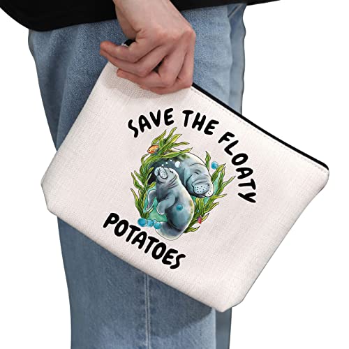 G2TUP Manatee Lover Gift Save The Floaty Potatoes Manatee Makeup Bag Manatee Mom Cosmetic Bag Ocean Animal Lover Gift Sea Cow Travel Bag with Zipper (Save The Floaty Potatoes White Bag 1.0)